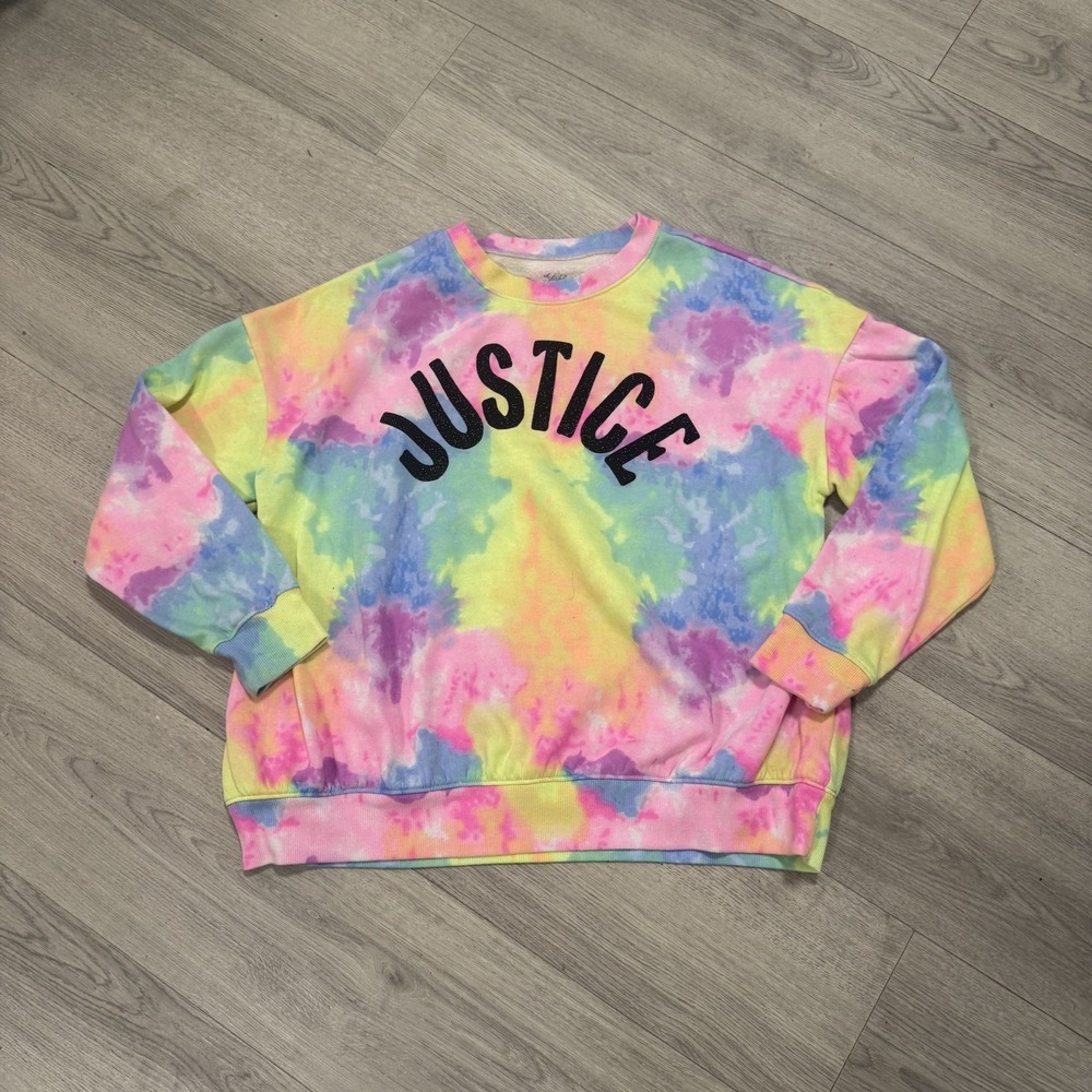 Justice Girls XL Plus Rainbow Tie Dye Pullover Sweater Long Sleeve Logo